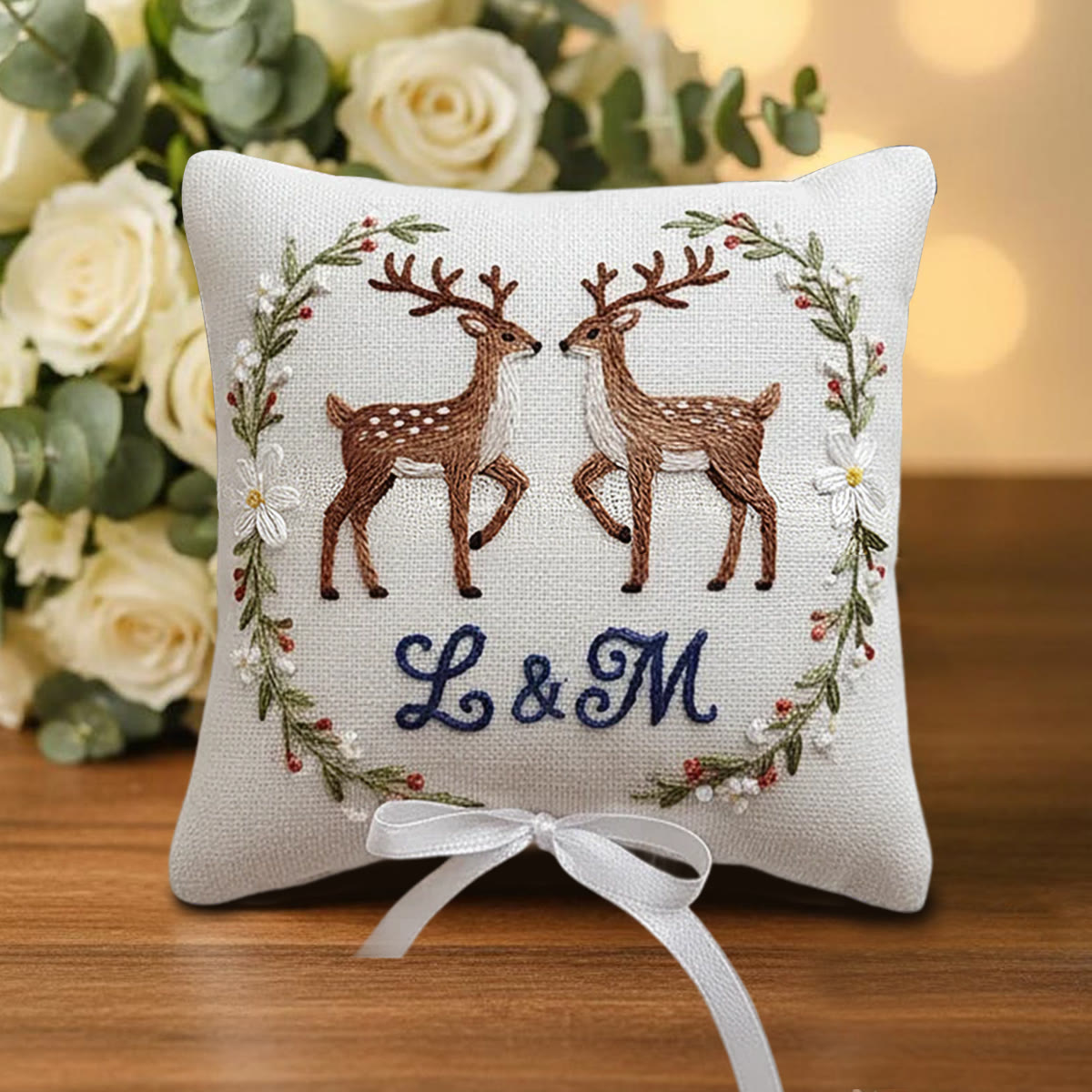 Rubbyoo Personalized Ring Bearer Pillow Embroidery Kit - Twin Deer Monogram Floral Wreath | Adorable Decor Item | Cozy Living Space Accents - image 6