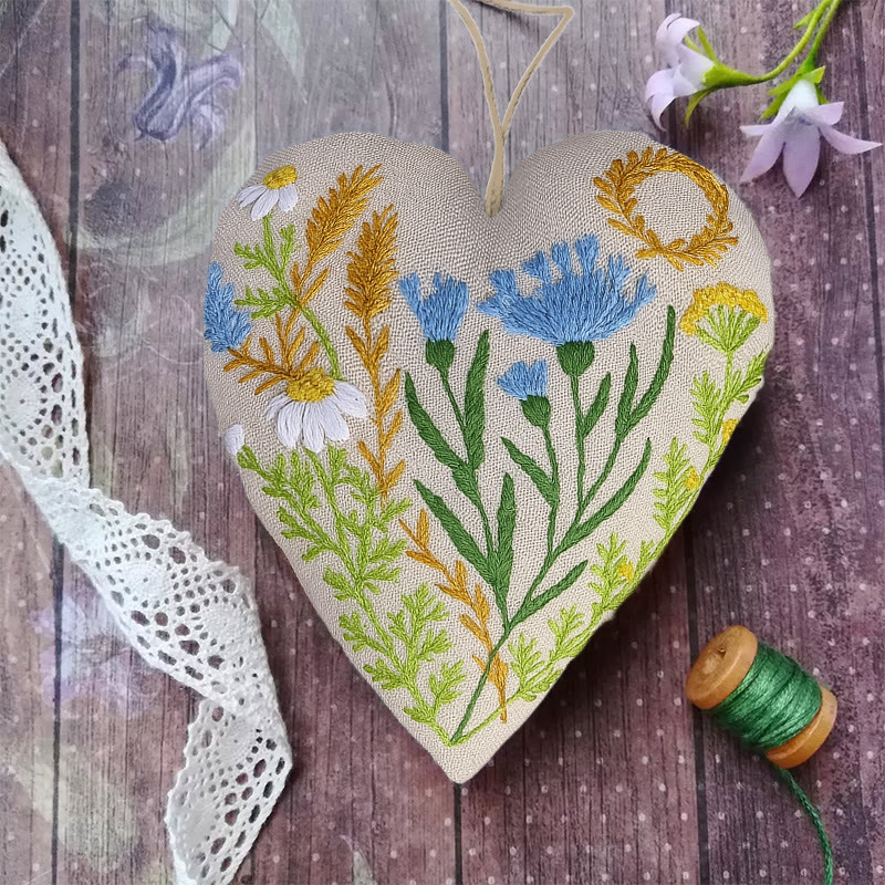 Rubbyoo Heart Embroidery Kit - Blue Wildflower | Diy Decorative Craft | Flower Hanging Ornament - image 3