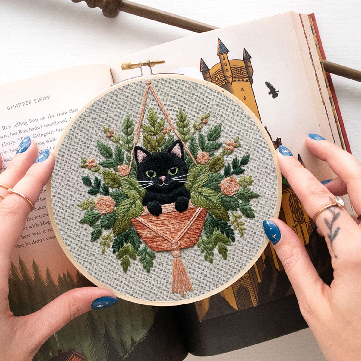 Rubbyoo Embroidery Kit - Black Cat In Hanging Planter | Therapeutic Craft | Whimsical Gift Idea - image 5