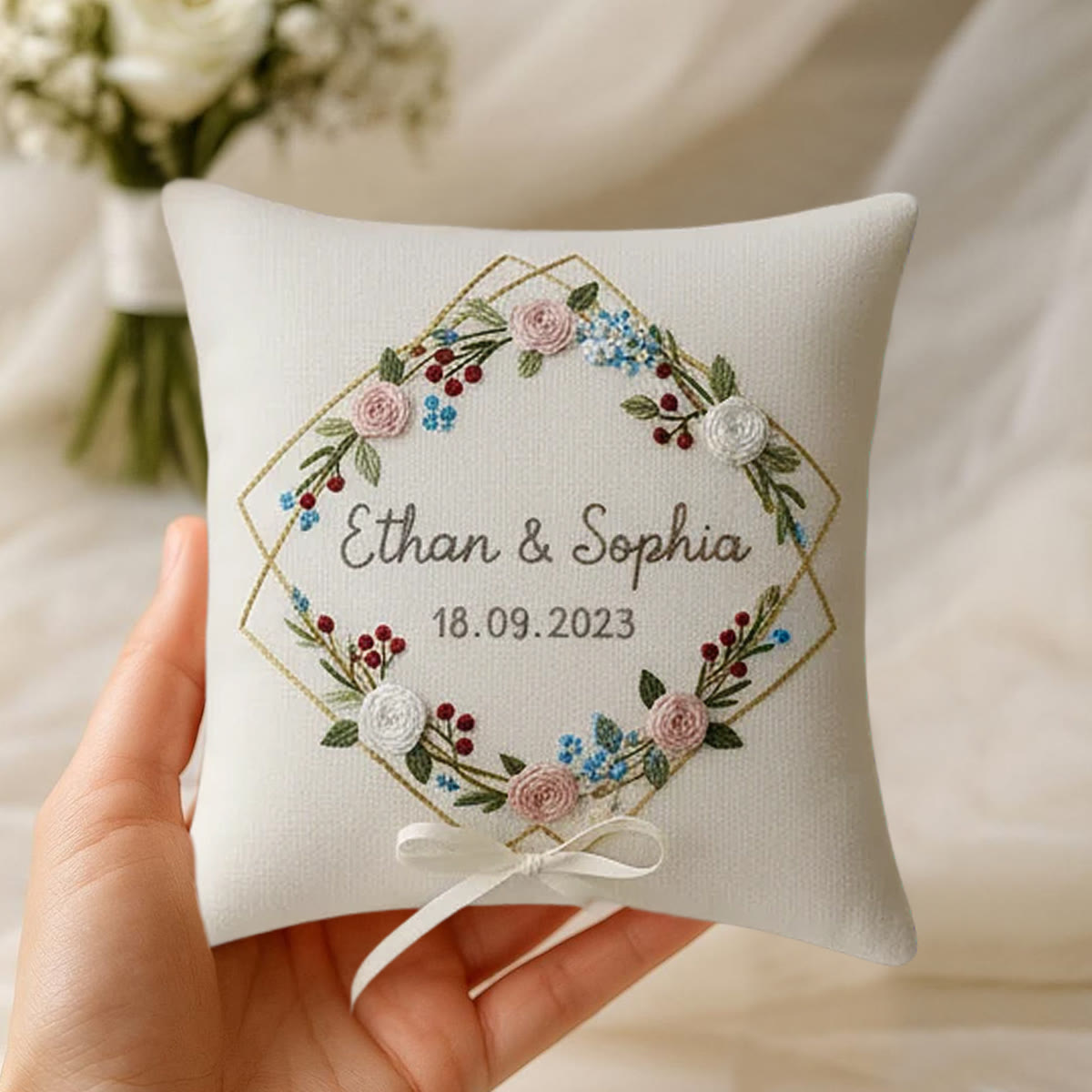 Rubbyoo Personalized Ring Bearer Pillow Embroidery Kit - Floral Wreath Hexagon Decor | Creative Handmade Display | Perfect For Wedding - image 8