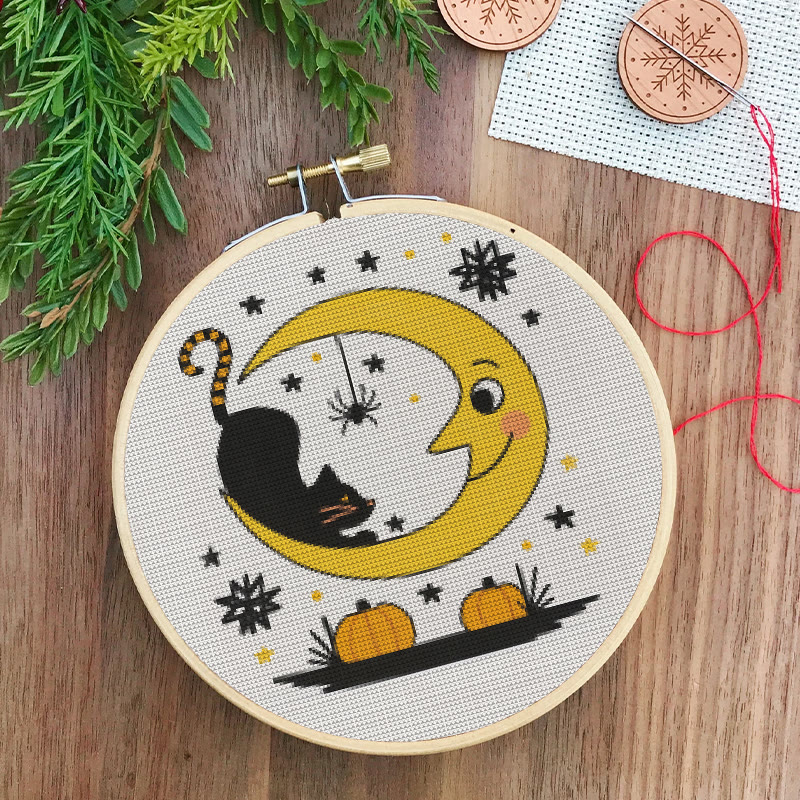  Cross Stitch Kit - Black Cat And Moon | Spooky Halloween Decor | Diy Needlework Collection - image 8