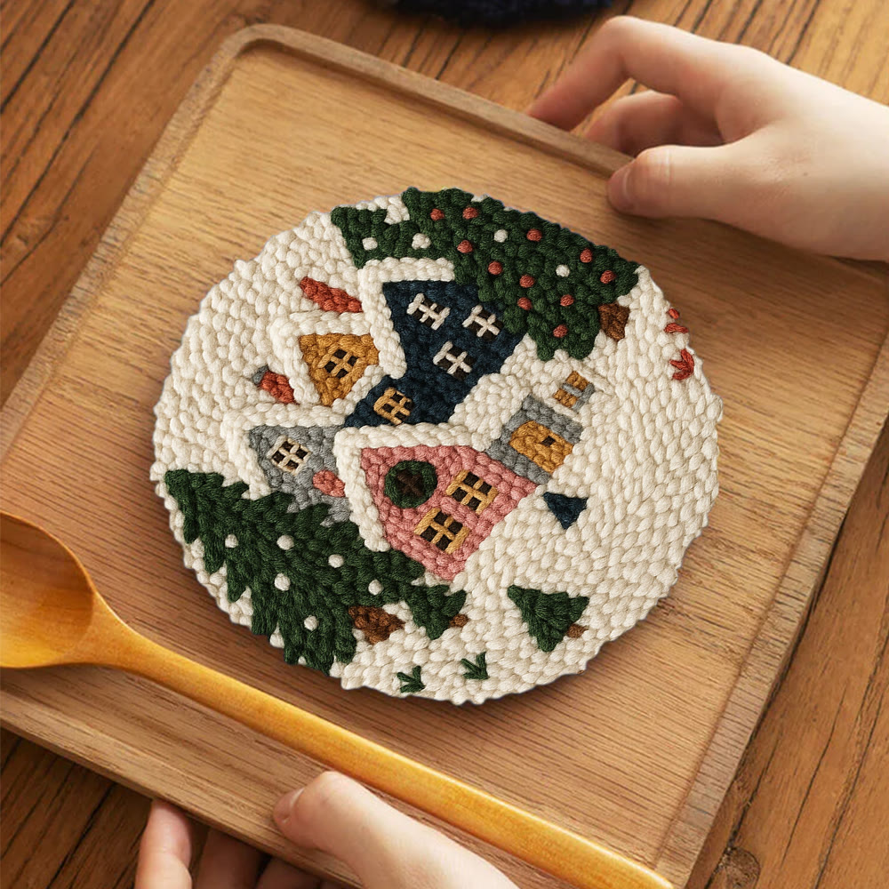 Snowy Village Punch Needle Kit – Simple DIY Project | Cozy Holiday Display - 5 inch Coaster Kit - image 4