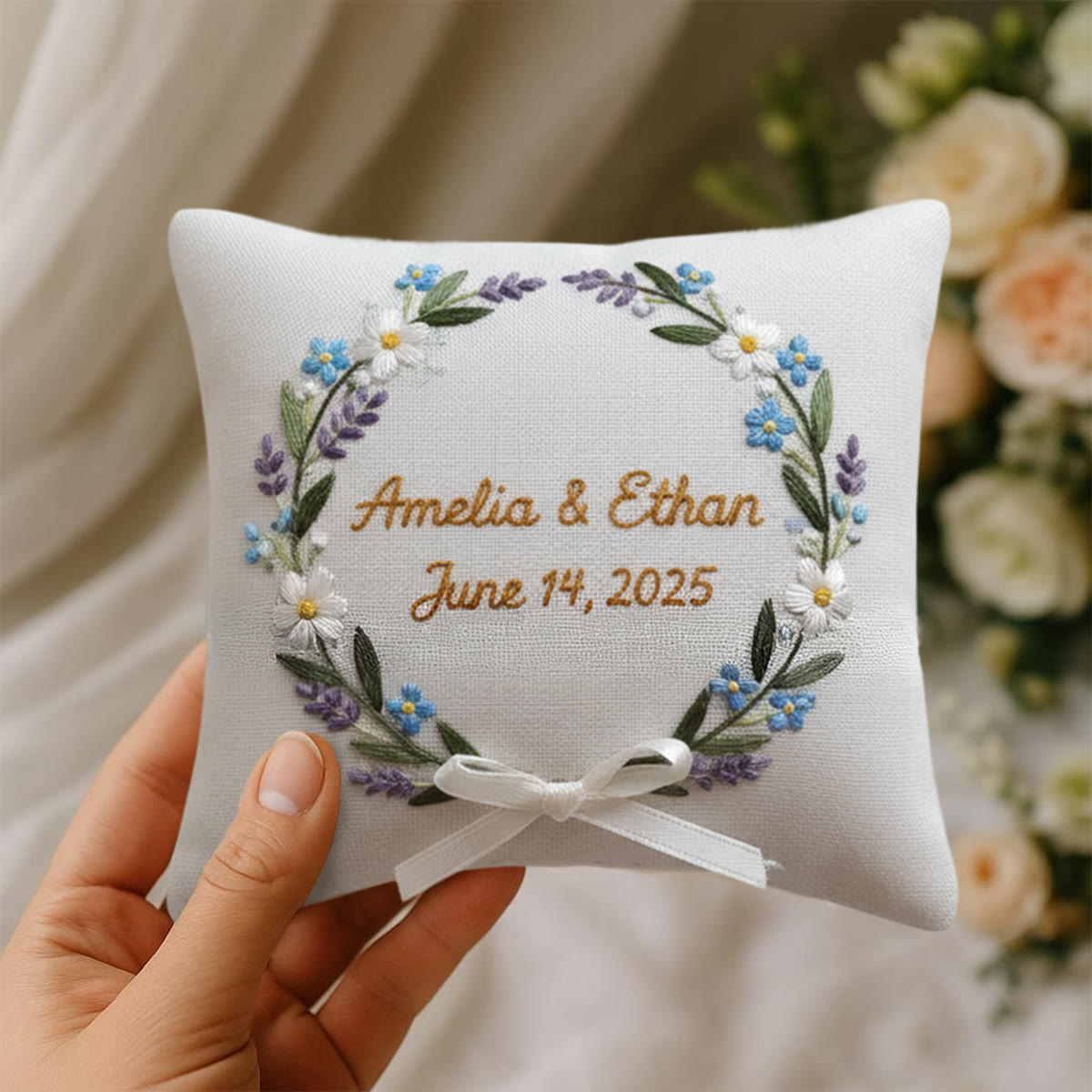 Rubbyoo Personalized Ring Bearer Pillow Embroidery Kit - Blue Daisy Lavender Wreath | Gift-giving Handcraft | Special Date Celebrations - image 5