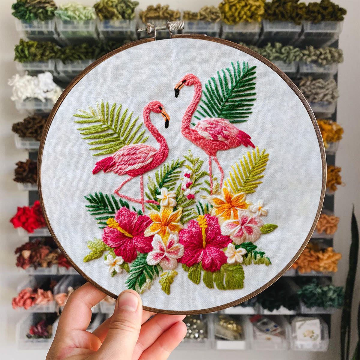 Rubbyoo Embroidery Kit - Two Flamingos With Tropical Florals | Premier Gifting Option | Refined Decorative Hanger - image 6