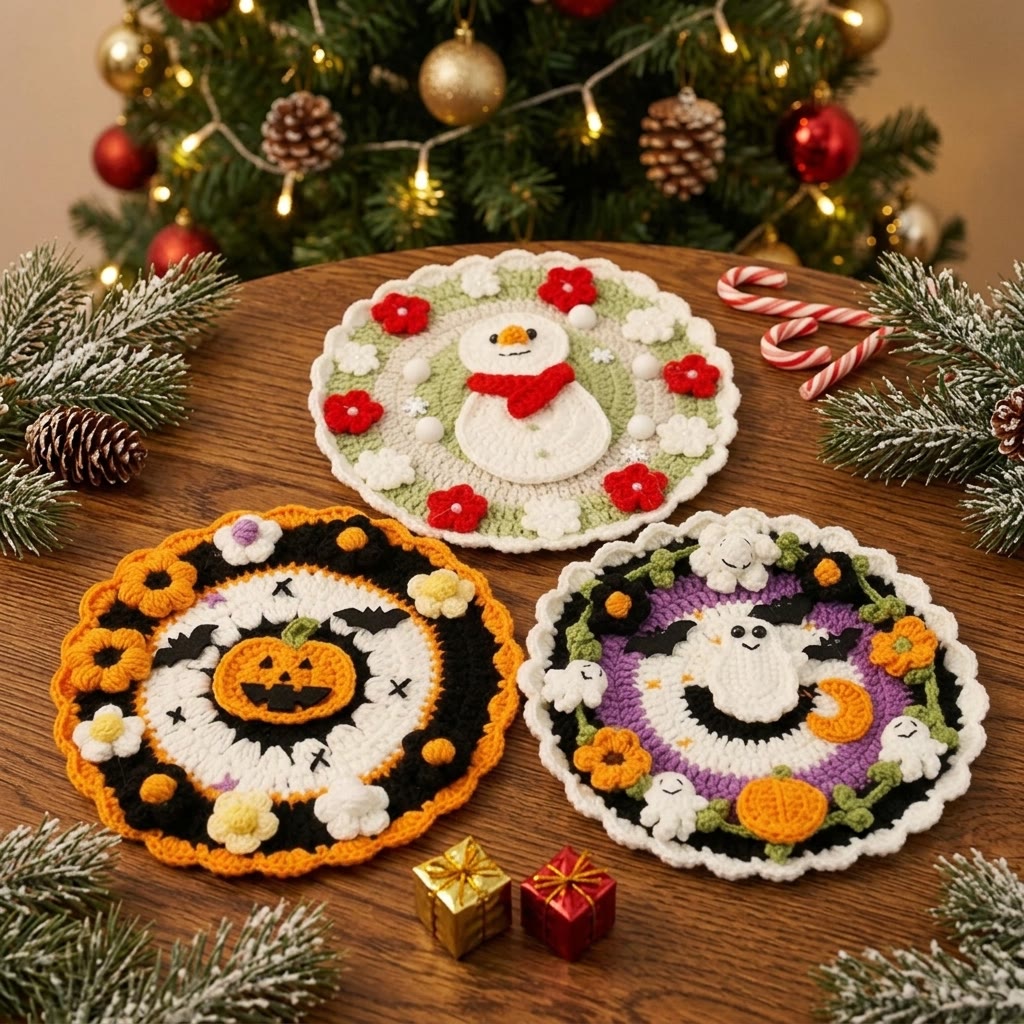Rubbyoo Charming Holiday Coasters - Lovely Festive Crochet Art | Cozy Seasonal Table Decor - All-3pcs - image 1