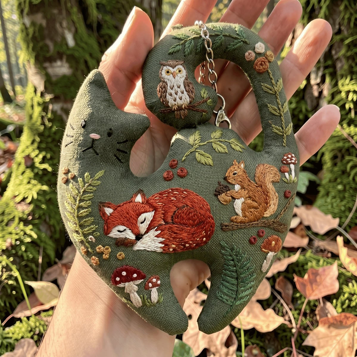 Rubbyoo Kitty Embroidery Kit - Fox And Squirrel | Cat-shaped Holiday Gift Idea | Dreamy Miniature Ornament - 6 inches hoop kit - image 1