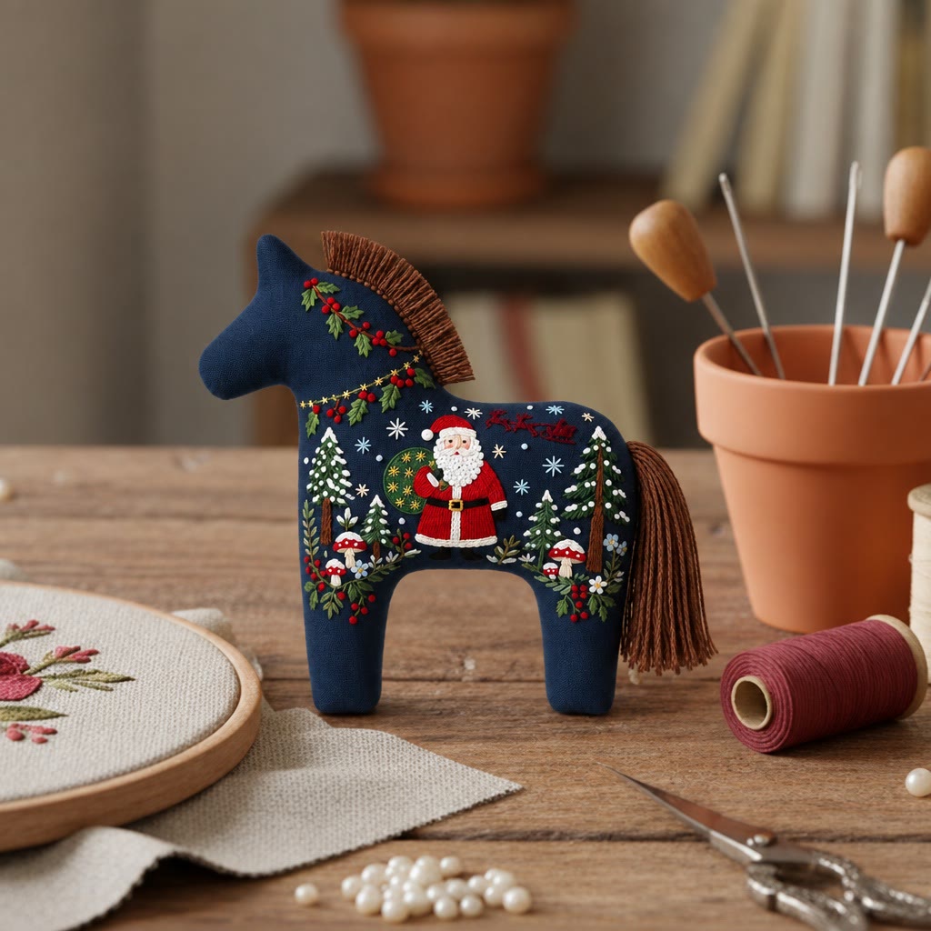 Rubbyoo Dala Horse Embroidery Kit - Santa Night | Handmade Xmas Tree Hanging | Cozy Christmas Home Ornament - image 2