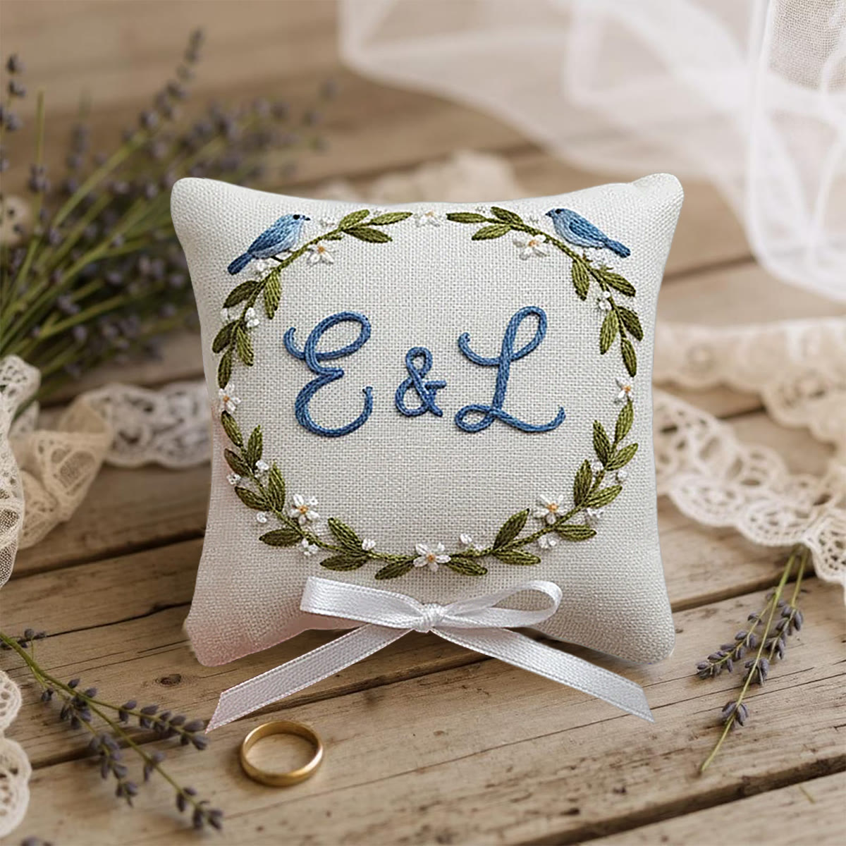 Rubbyoo Personalized Ring Bearer Pillow Embroidery Kit - Blue Birds Initials-adorned Wreath | Exquisite Decor Piece | Anniversary Gifting - image 10