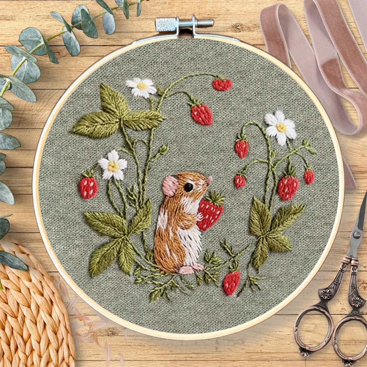 Rubbyoo Embroidery Kit - Mouse With Strawberry | Adorable Handmade Collection | Sewing Wallhanging Art - image 8
