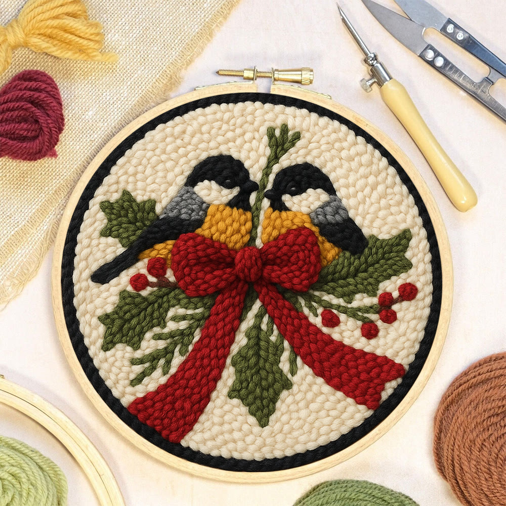 Twin Chickadees Holly Punch Needle Kit – Entry-Level Handcraft | Christmas Home Hanging Craft - image 7