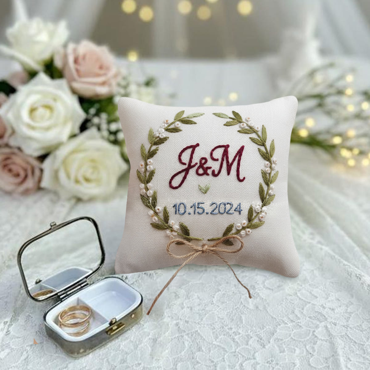 Rubbyoo Personalized Ring Bearer Pillow Embroidery Kit - Pearl-adorned Leaf Wreath With Initials | Tailor-made Handcraft | Wedding Ceremony Touches - image 3
