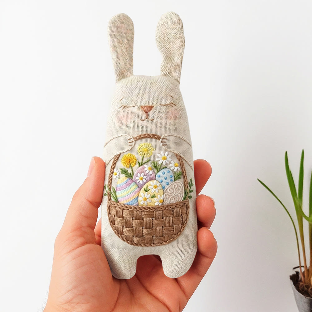 Rubbyoo Bunny Toy Embroidery Kit - Easter Egg Basket | Festive Stuffed Bunny Craft | Animal Sewing Kit - 8 inches hoop kit - image 1