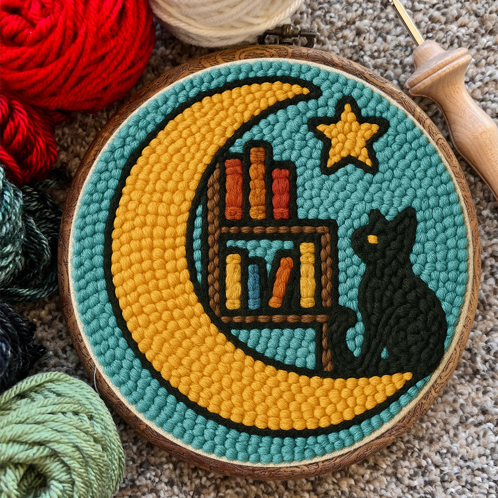 Lunar Bookshelf And Black Cat Punch Needle Kit – Effortless Handcraft Project | Atmospheric Decorative Hanger - image 11
