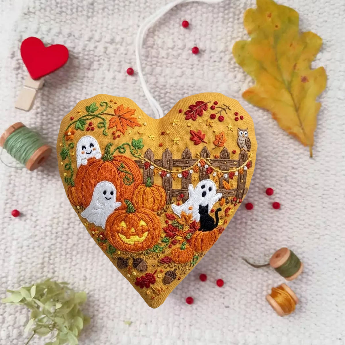Rubbyoo Heart Embroidery Kit - Playful Ghost | Unique  Spook Theme Bag Charm  | Handcrafted Heart-shaped Keepsake - image 4