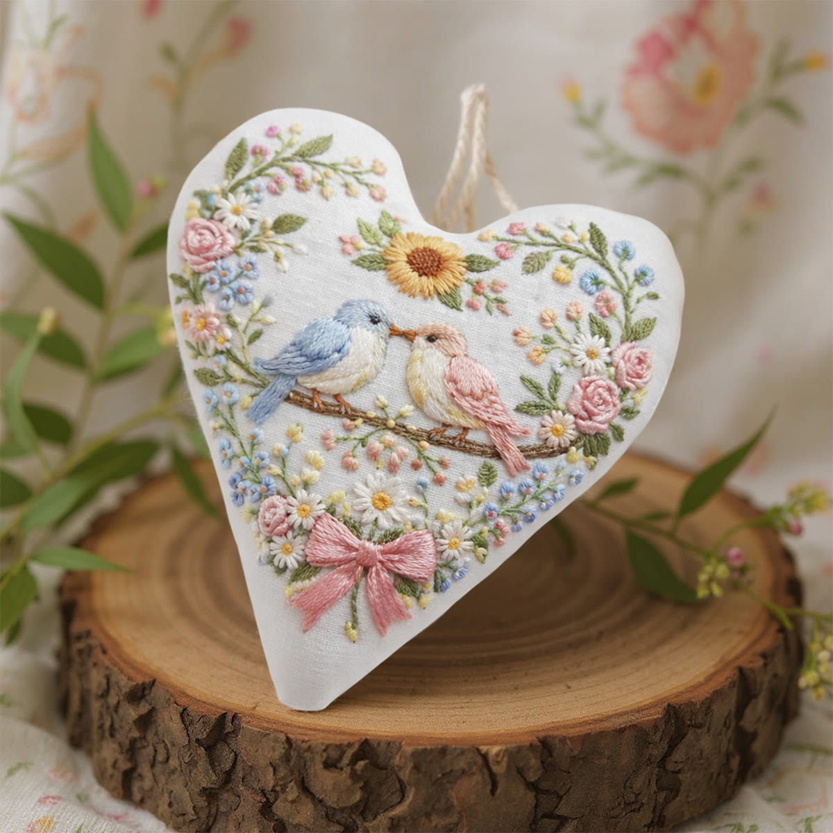 Rubbyoo Heart Embroidery Kit - Two Birds Sunflower Floral | Delightful Decor Pendant | Newcomer-simple Diy Stitch - image 5