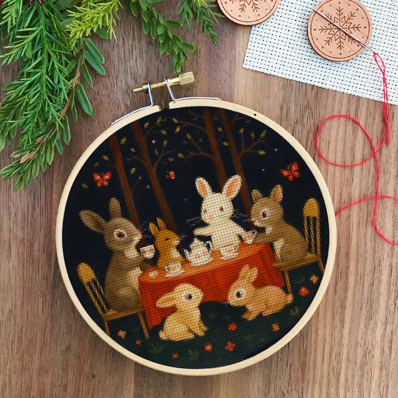  Cross Stitch Kit - Rabbit Tea Party | Diy Wall Ornament | Animal Lovers Handicraft - image 4
