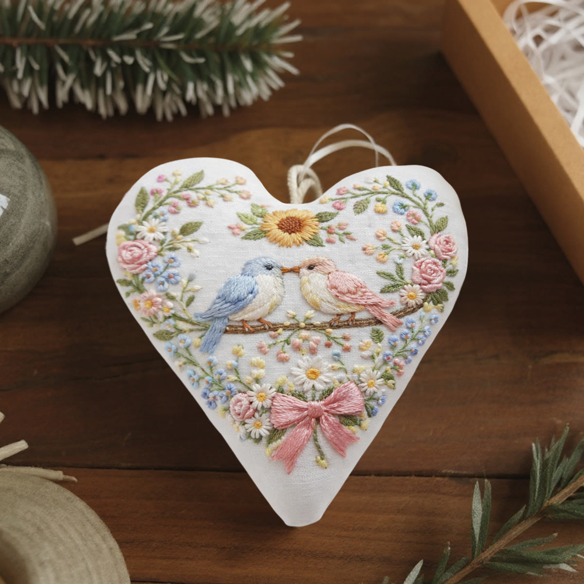 Rubbyoo Heart Embroidery Kit - Two Birds Sunflower Floral | Delightful Decor Pendant | Newcomer-simple Diy Stitch - image 6