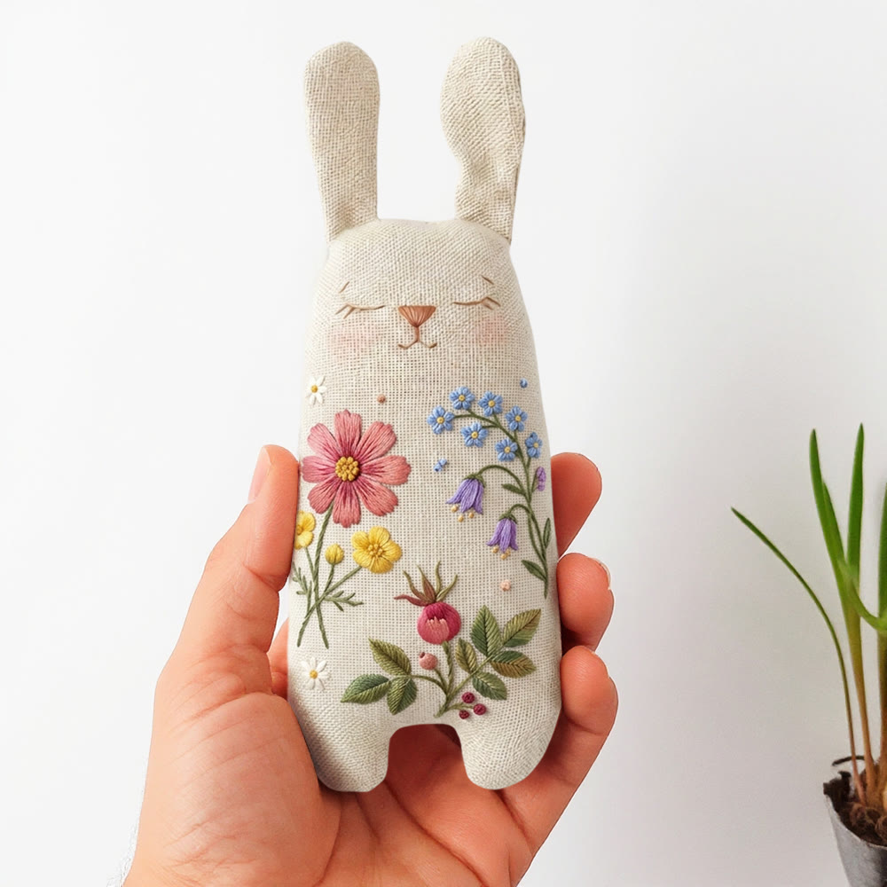 Rubbyoo Bunny Toy Embroidery Kit - Colorful Flower Bouquet | Sewing Starter Kit | Cozy Rabbit Stuffed Toy - 8 inches hoop kit - image 1