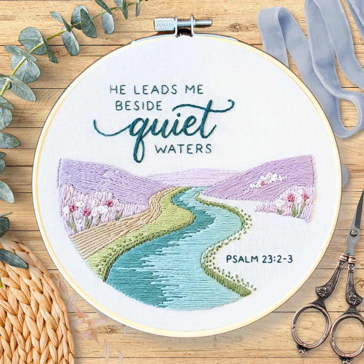 Rubbyoo Embroidery Kit - He Leads Me Beside Quiet Waters | Psalm 23:2 | Bible Verse Pattern  - image 6