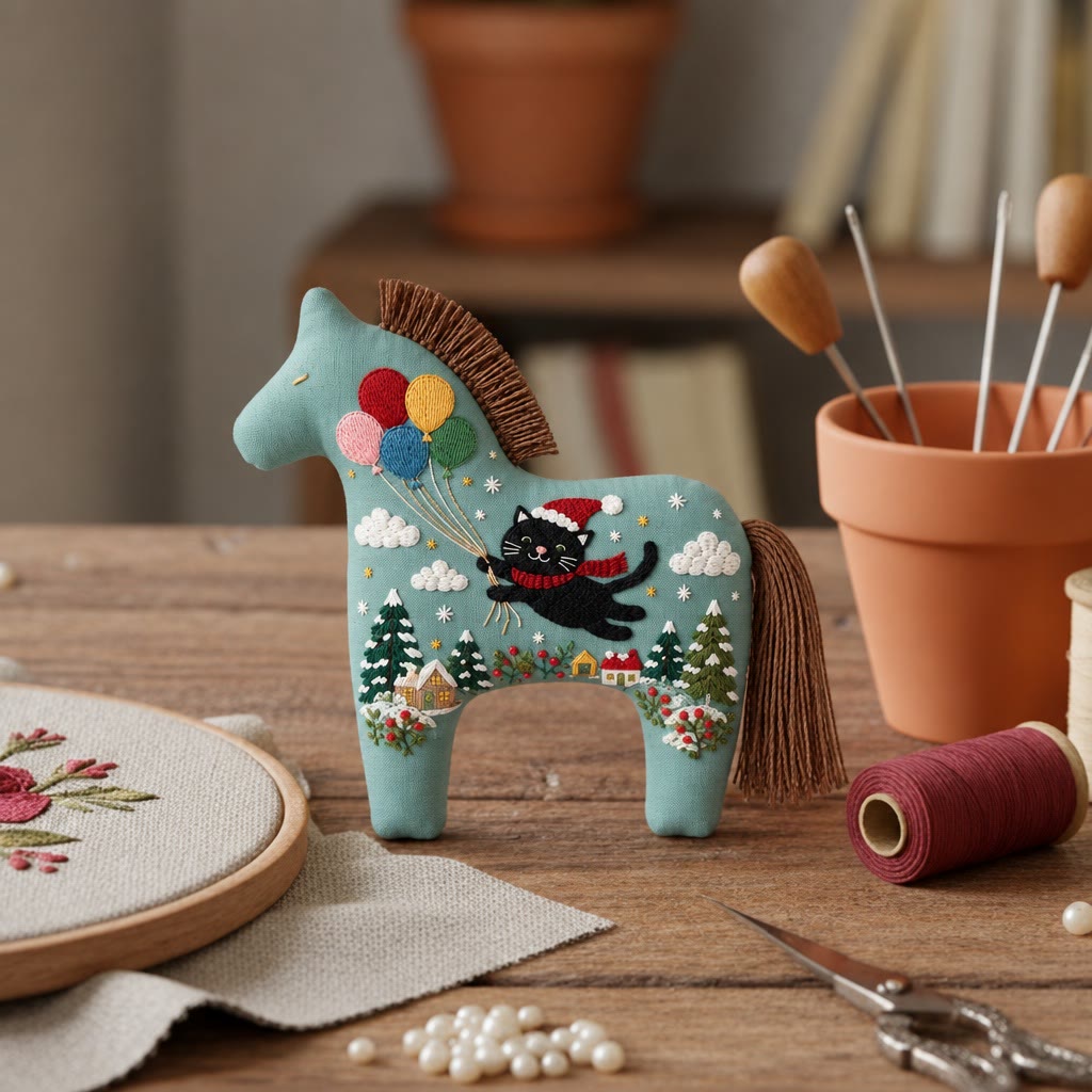 Rubbyoo Dala Horse Embroidery Kit - Flying Kitty | Diy Christmas Nursery Room Decor | Cozy Animal Art Gift For Kids - image 6