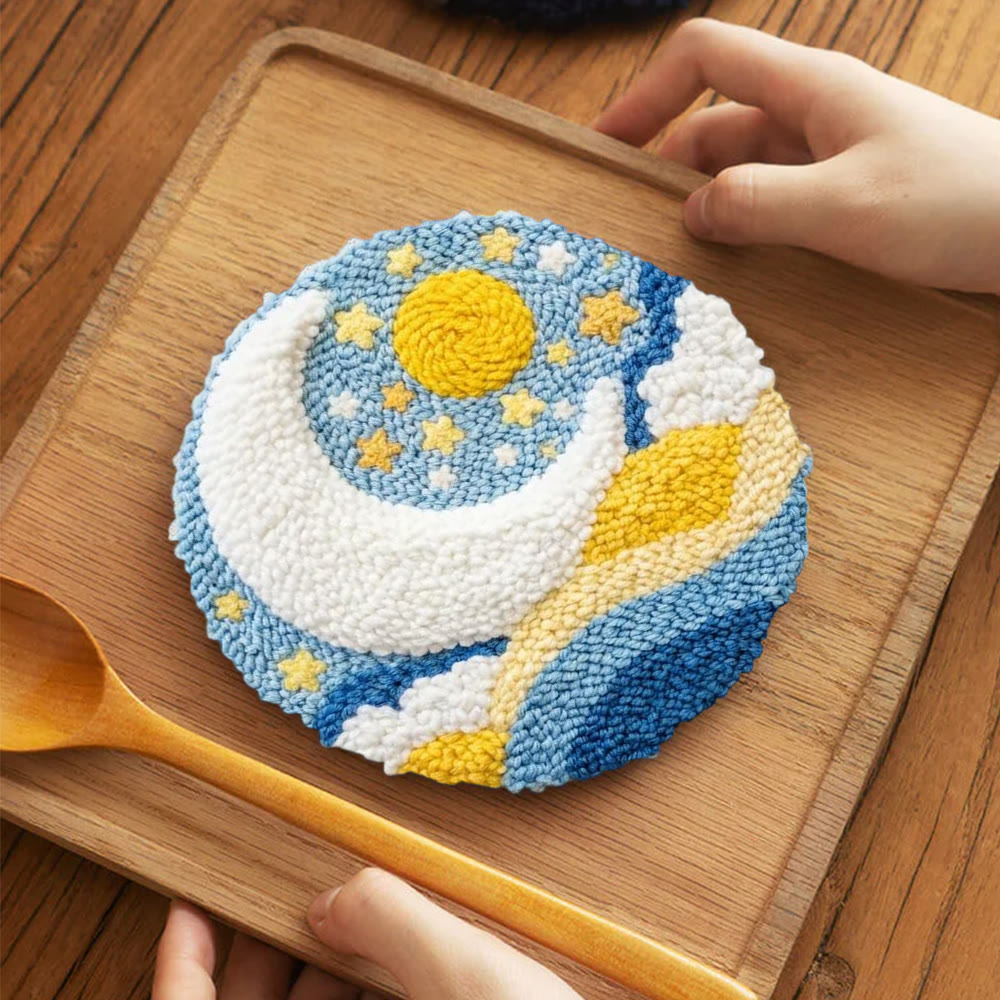 Starry Moon And Clouds Punch Needle Kit – Creative Diy Hoop Project | Unique Creative Project - 5 inch Coaster Kit - image 4