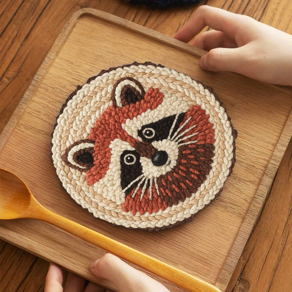 Cheerful Raccoon Face Punch Needle Kit – Whimsical Handcraft Project | Delightful Tabletop Trinket - 5 inch Coaster Kit - image 4