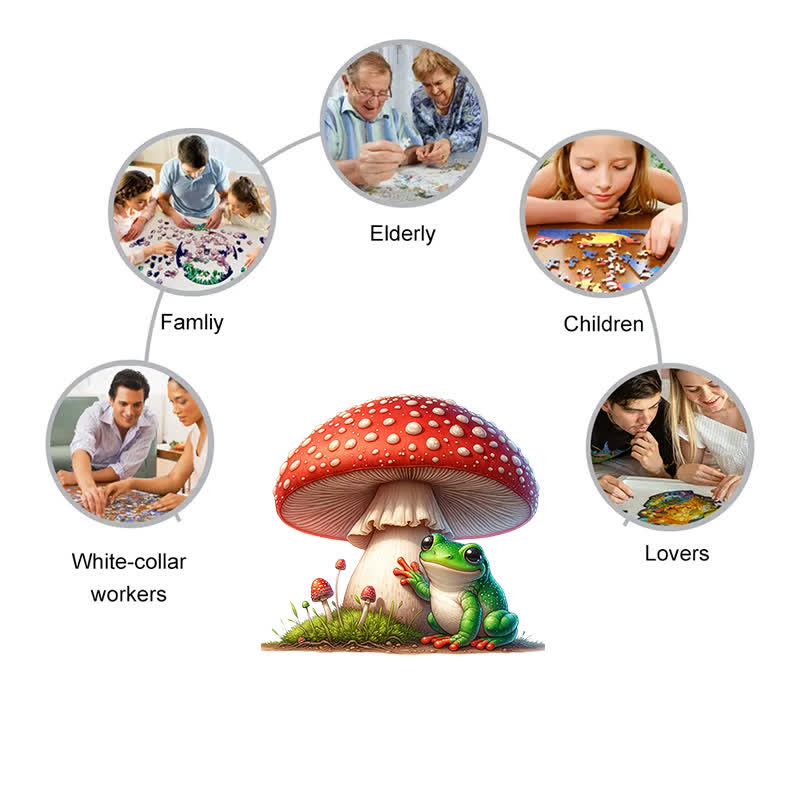 A frog sitting on a mushroom - Wooden Jigsaw Puzzle