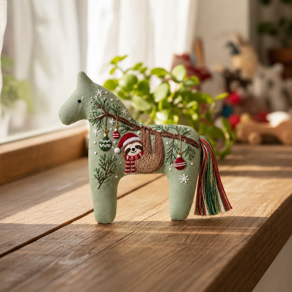 Rubbyoo Dala Horse Embroidery Kit - Christmas Cheerful Sloth | Handmade Lovely Nursery Room Accent | Nordic Holiday Decor - image 3