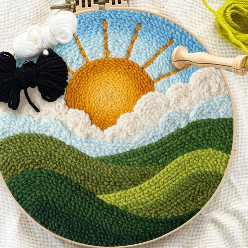 Bright Sunrise Cloudscape Green Hills Punch Needle Kit – Handcrafted Decor Hanger | Novice Friendly Diy Project - image 10