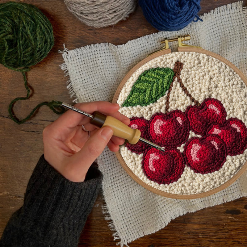 Plump Red Cherry Cluster Punch Needle Kit – Simple Handmade Project | Exquisite Decor Pendant - image 3