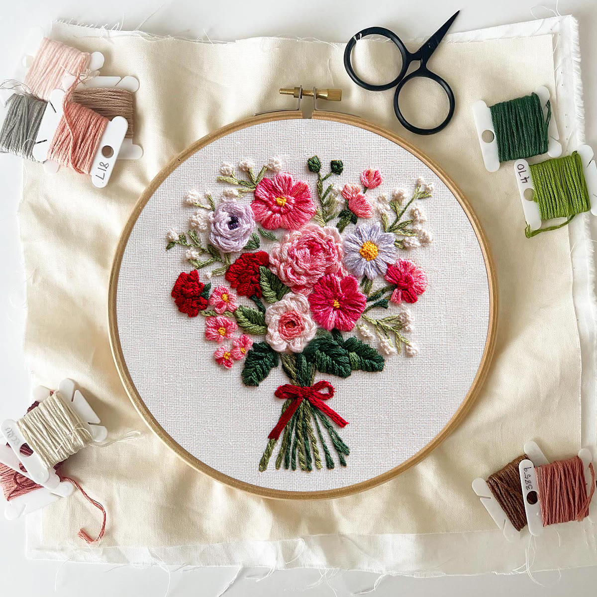 Rubbyoo Embroidery Kit - Colorful Floral Bouquet with Red Ribbon | Gifting Top Pick | Heartfelt Handcrafted Embroidery - image 6