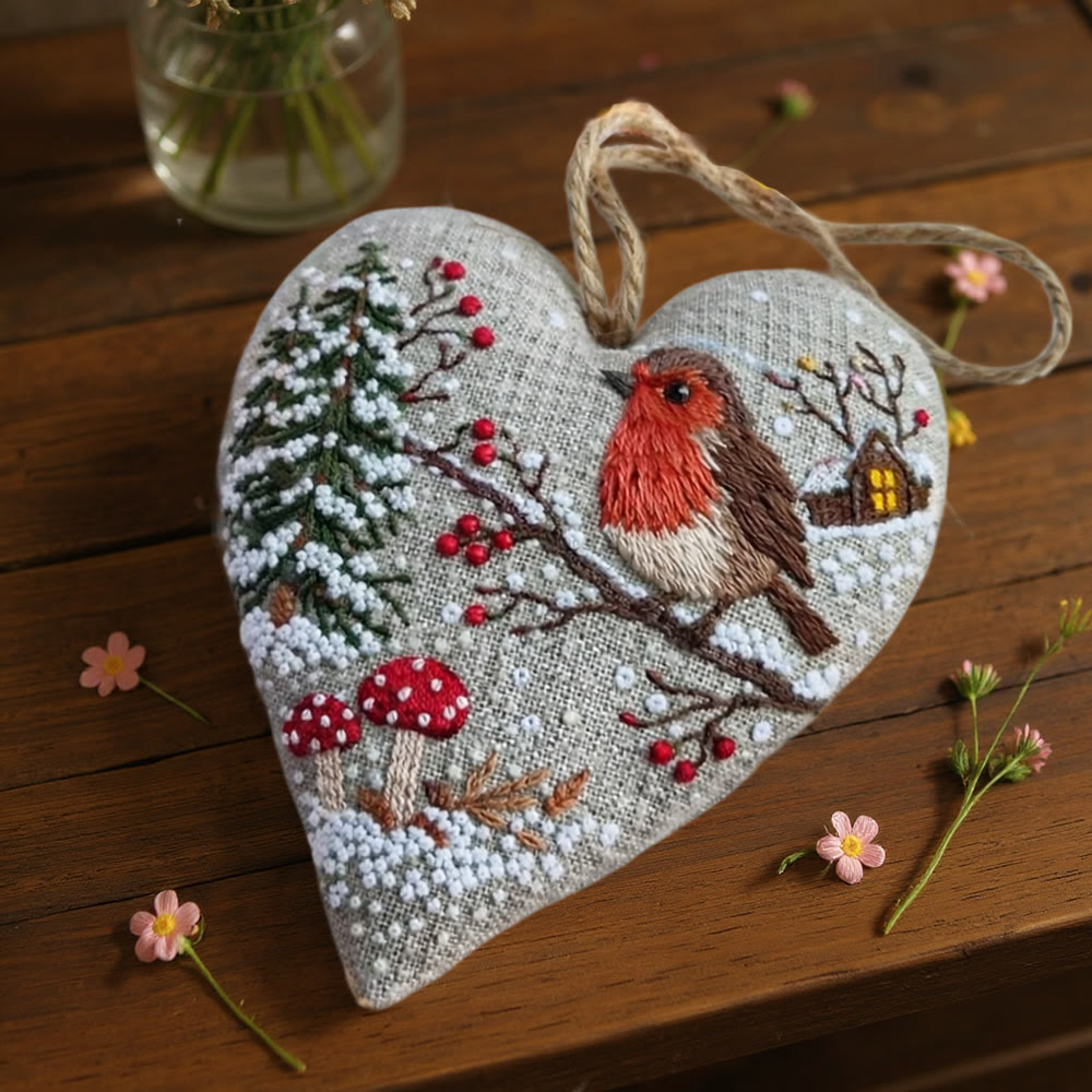 Rubbyoo Heart Embroidery Kit - Winter Robin With Snow | Cozy Handstitched Diy | Warm Seasonal Decor Pendant - image 8