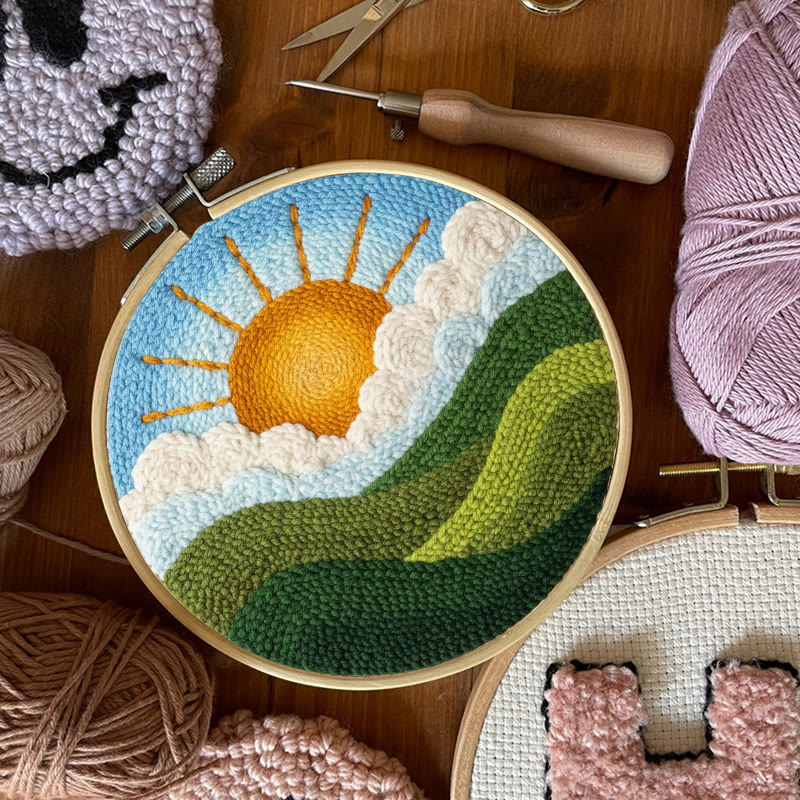 Bright Sunrise Cloudscape Green Hills Punch Needle Kit – Handcrafted Decor Hanger | Novice Friendly Diy Project - image 7