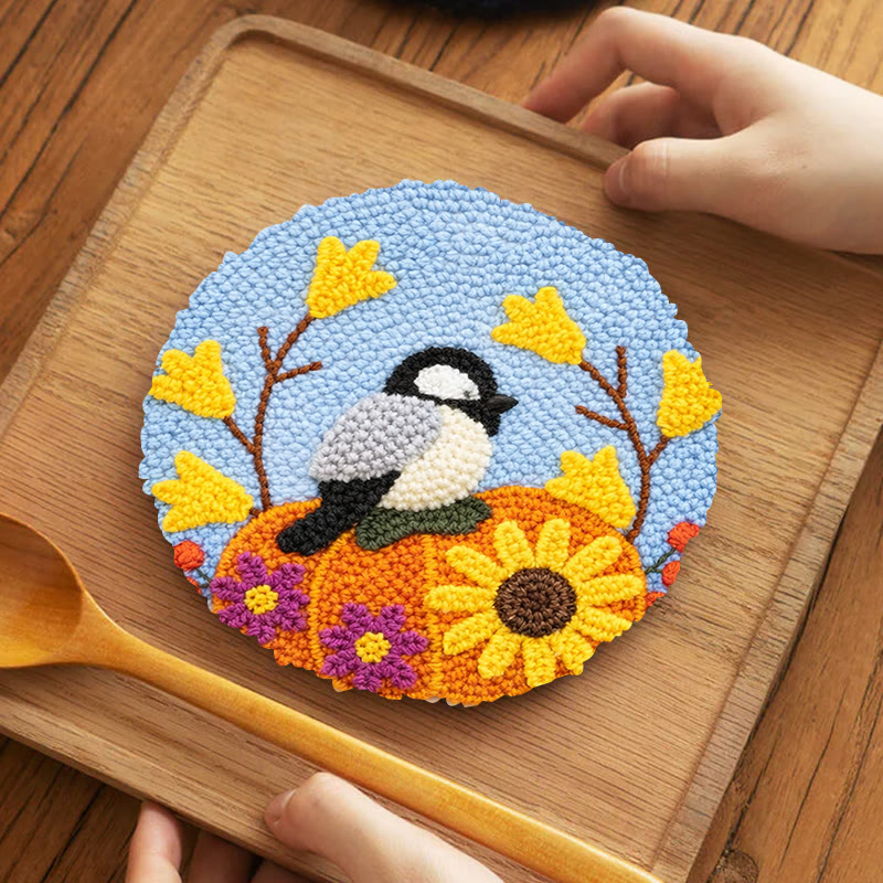 Autumn Pumpkin Bird Punch Needle Kit – Novice-friendly Diy | Seasonal Decor Accent - 5 inch Coaster Kit - image 4