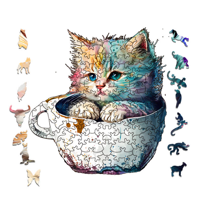  Cute teacup cat -1 Wooden Jigsaw Puzzle