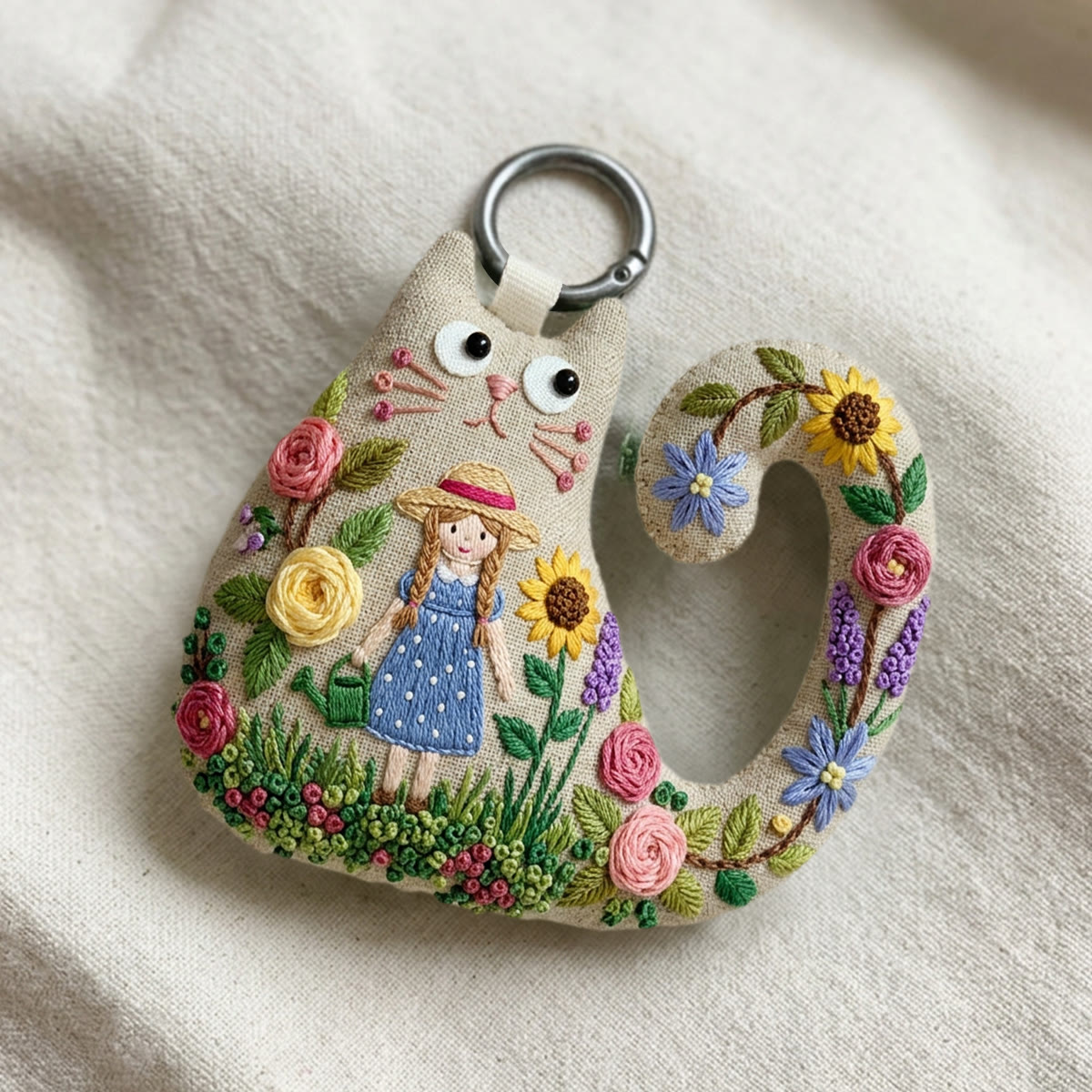 Rubbyoo Cat Embroidery Kit - Girl In Straw Hat | Whimsical Nature Inspired Gift For Her | Rustic Textile Art Bag Charm - image 5