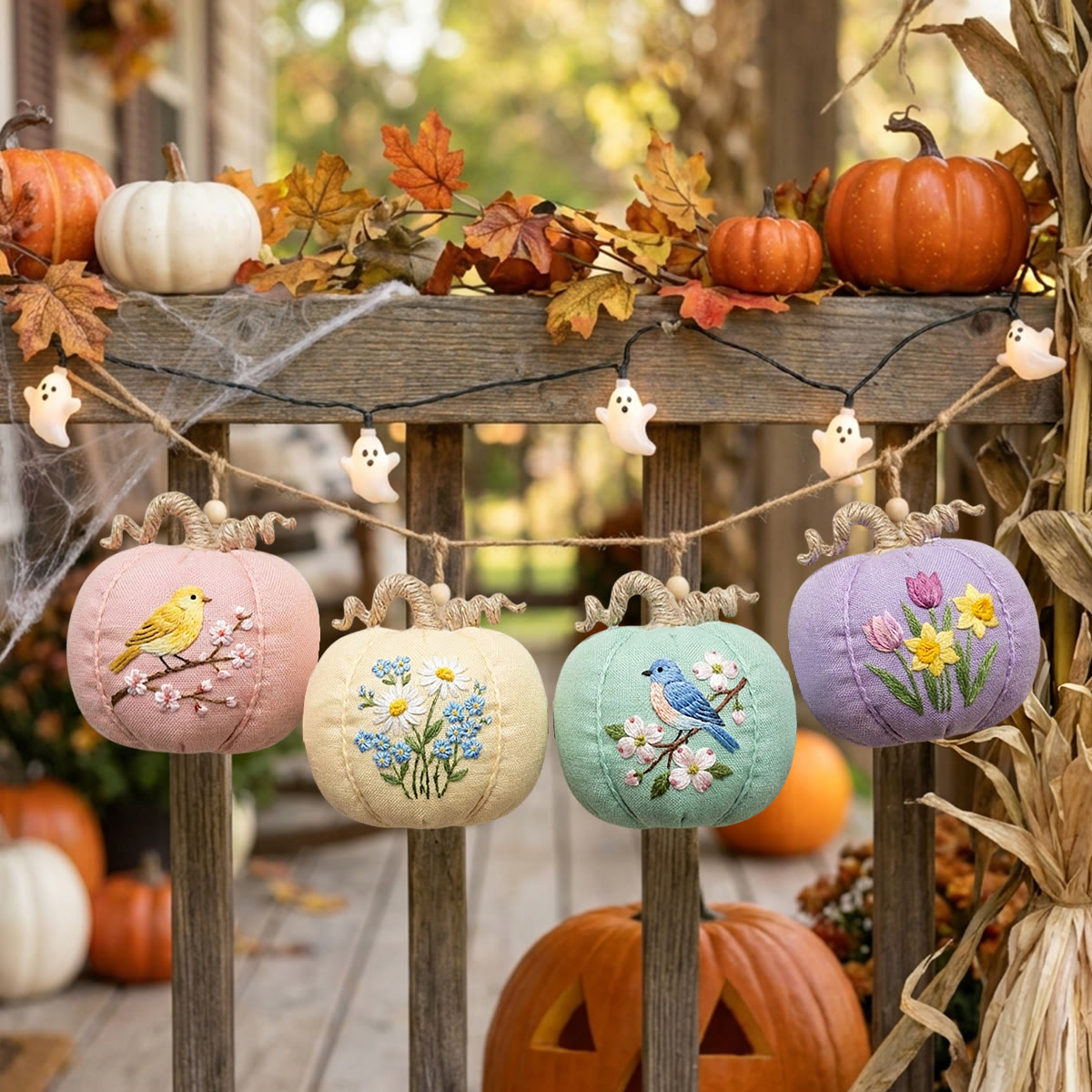 Rubbyoo Halloween Pumpkin Embroidery Kit -  Blooms & Birdsong | Cozy Handmade Sewing Kit | Pastel Colors Women Bag Charm - image 11