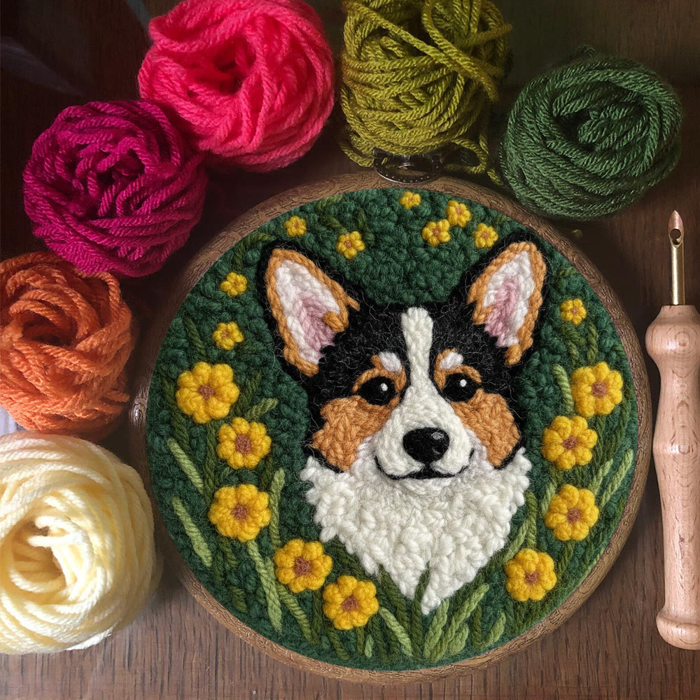 Lively Corgi In Yellow Floral Cluster Punch Needle Kit – Endearing Home Decor | Top Gifting Choice - image 11