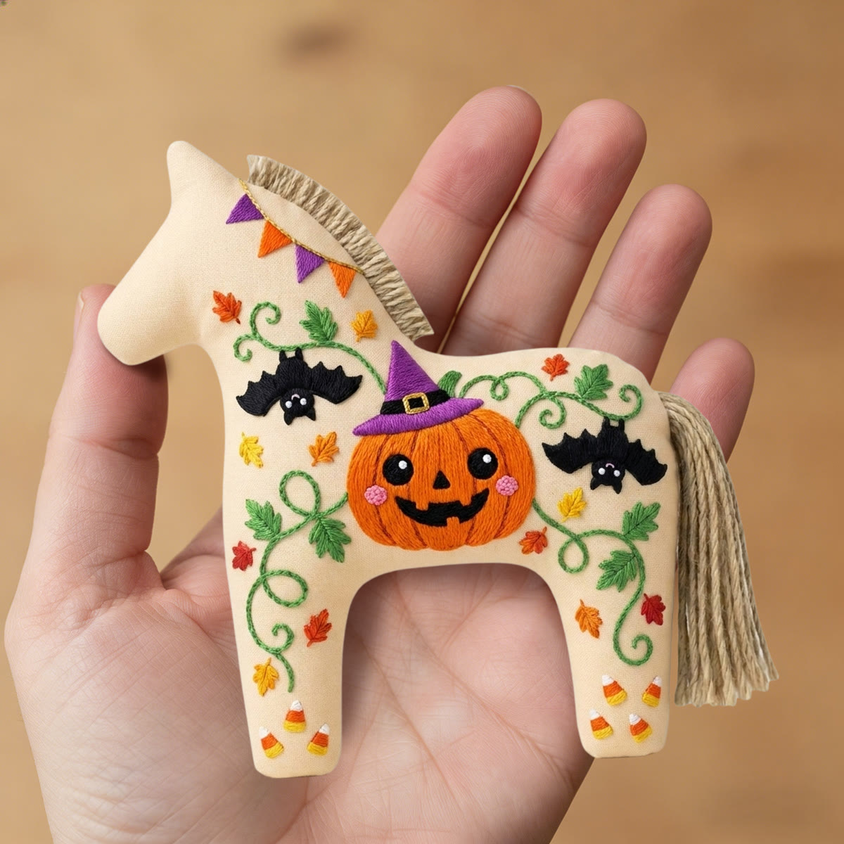Rubbyoo Dala Horse Embroidery Kit - Pumpkin With Witch Hat | Spooky Gift For Kids | Spooky Keychain - image 8