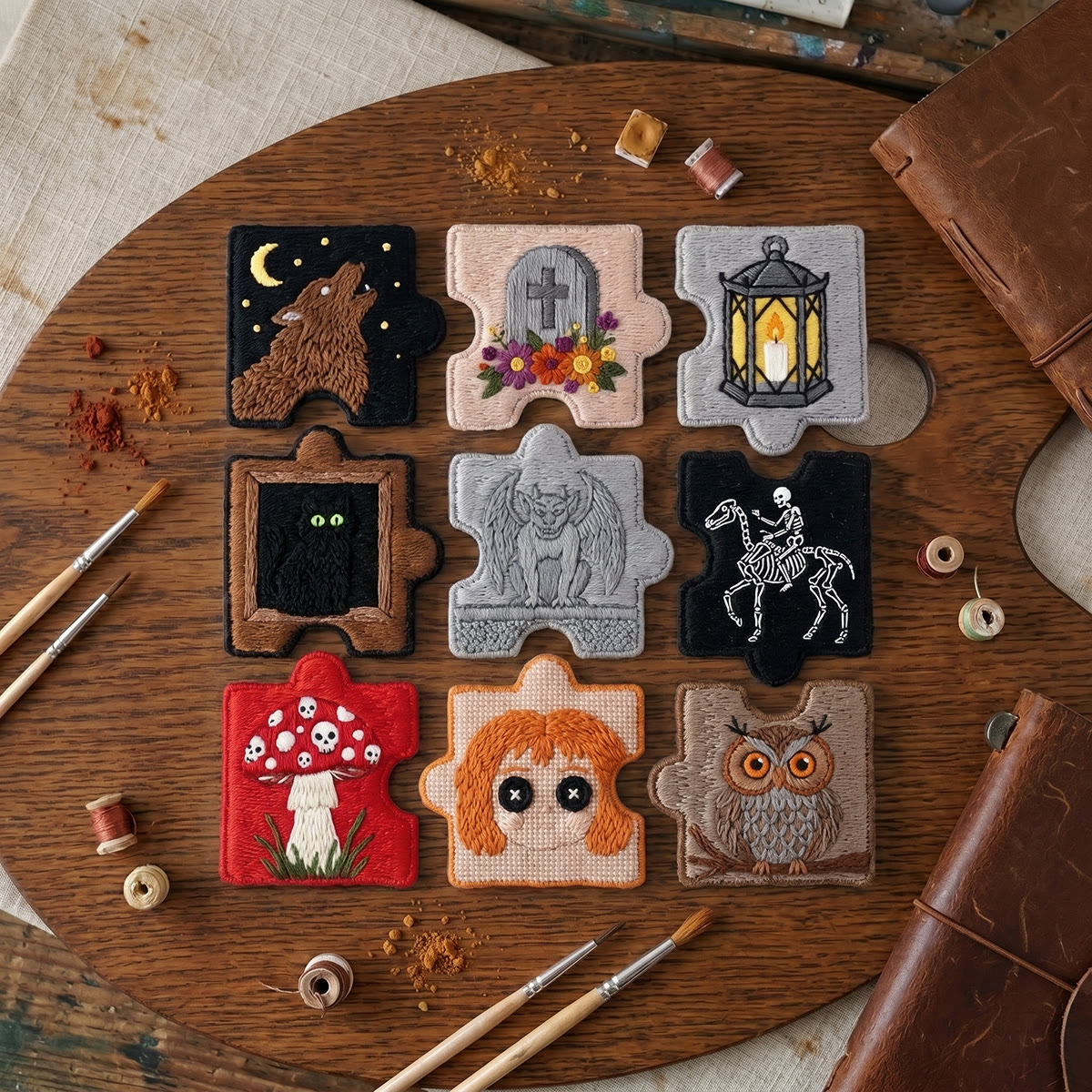 Rubbyoo Diy Magnet & Brooch Embroidery Puzzle Kit - Dark Academia Black Cat Gargoyle Skeleton | Halloween Home Decoration - image 4