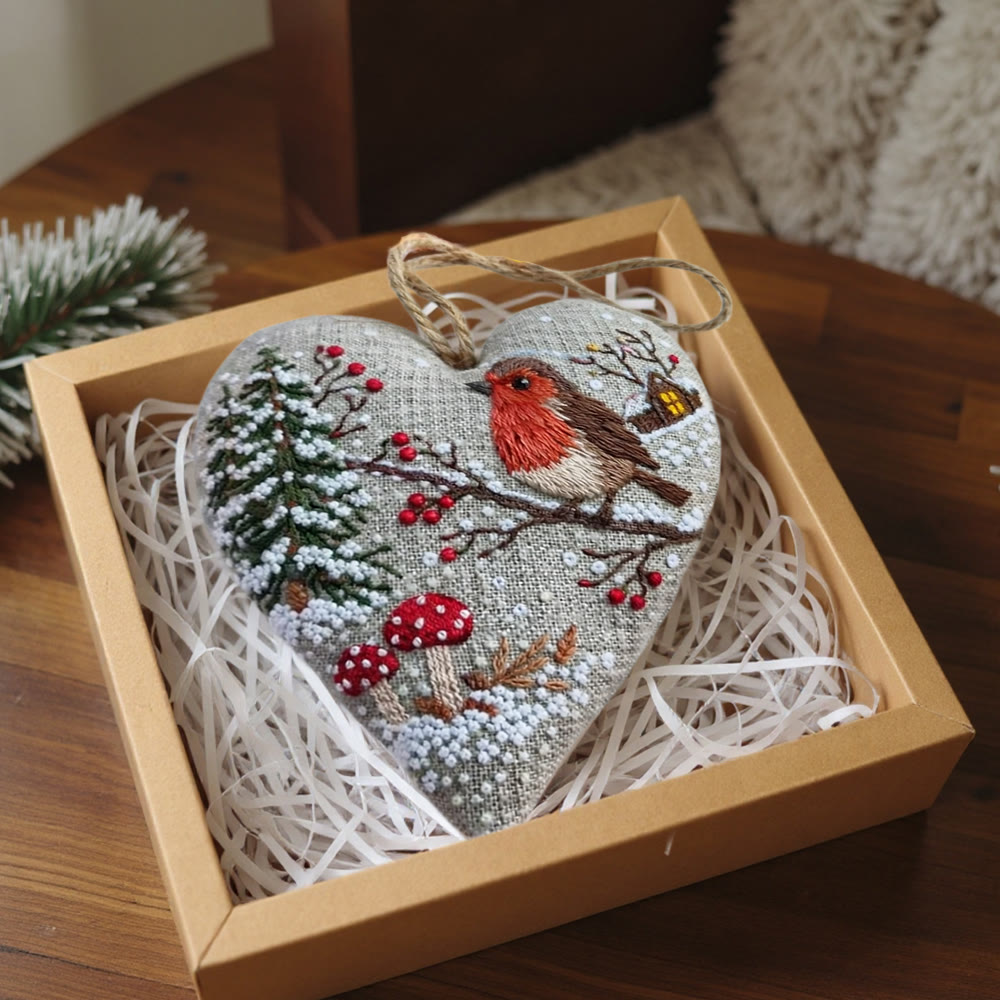 Rubbyoo Heart Embroidery Kit - Winter Robin With Snow | Cozy Handstitched Diy | Warm Seasonal Decor Pendant - image 4