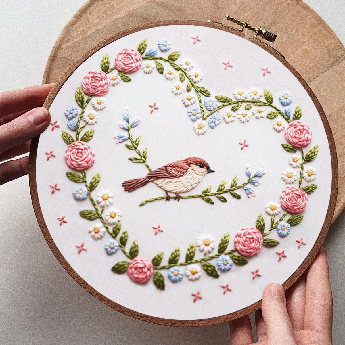 Rubbyoo Embroidery Kit - Heart Wreath with Sparrow Accent | Newbie-Friendly DIY Craft | Cozy Home Hanging Ornament - image 8