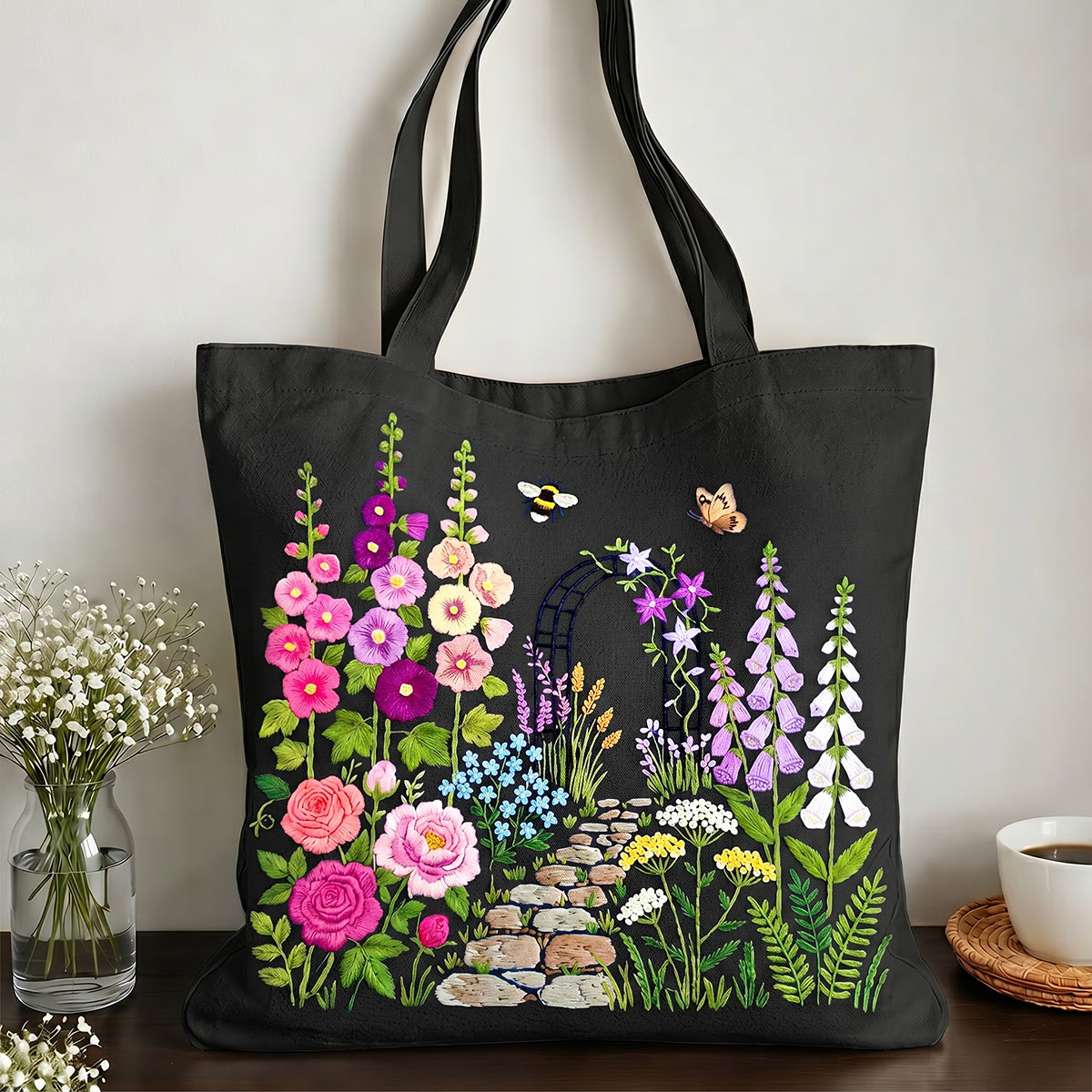 Rubbyoo Embroidery Tote Bag Kit - Blooming Graden | Aesthetic Handmade Craft | Multi-colored Shoulder Bag  - 9.8" × 11.8" - Black - image 5