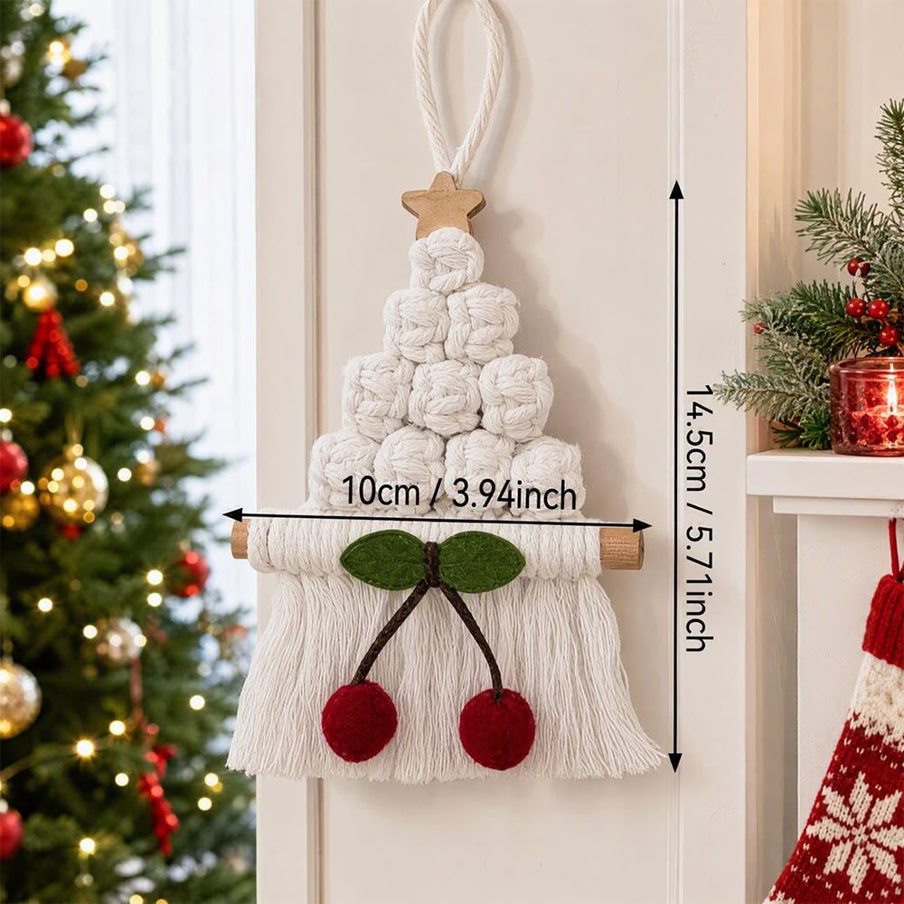 Rubbyoo Christmas Tree Cherry Wall Hanging - Festive Crochet Tassel Ornament | Handcrafted Rustic Holiday Decor  - White - image 2