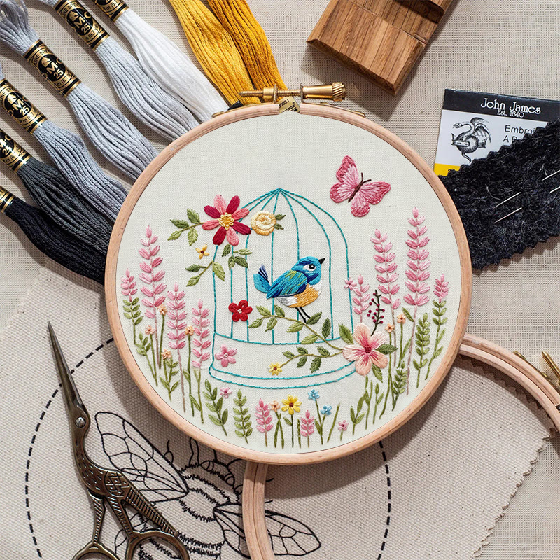 Rubbyoo Embroidery Kit - Bird In A Cage | Floral Handmade Art | Beginner Easy Needlework - image 9
