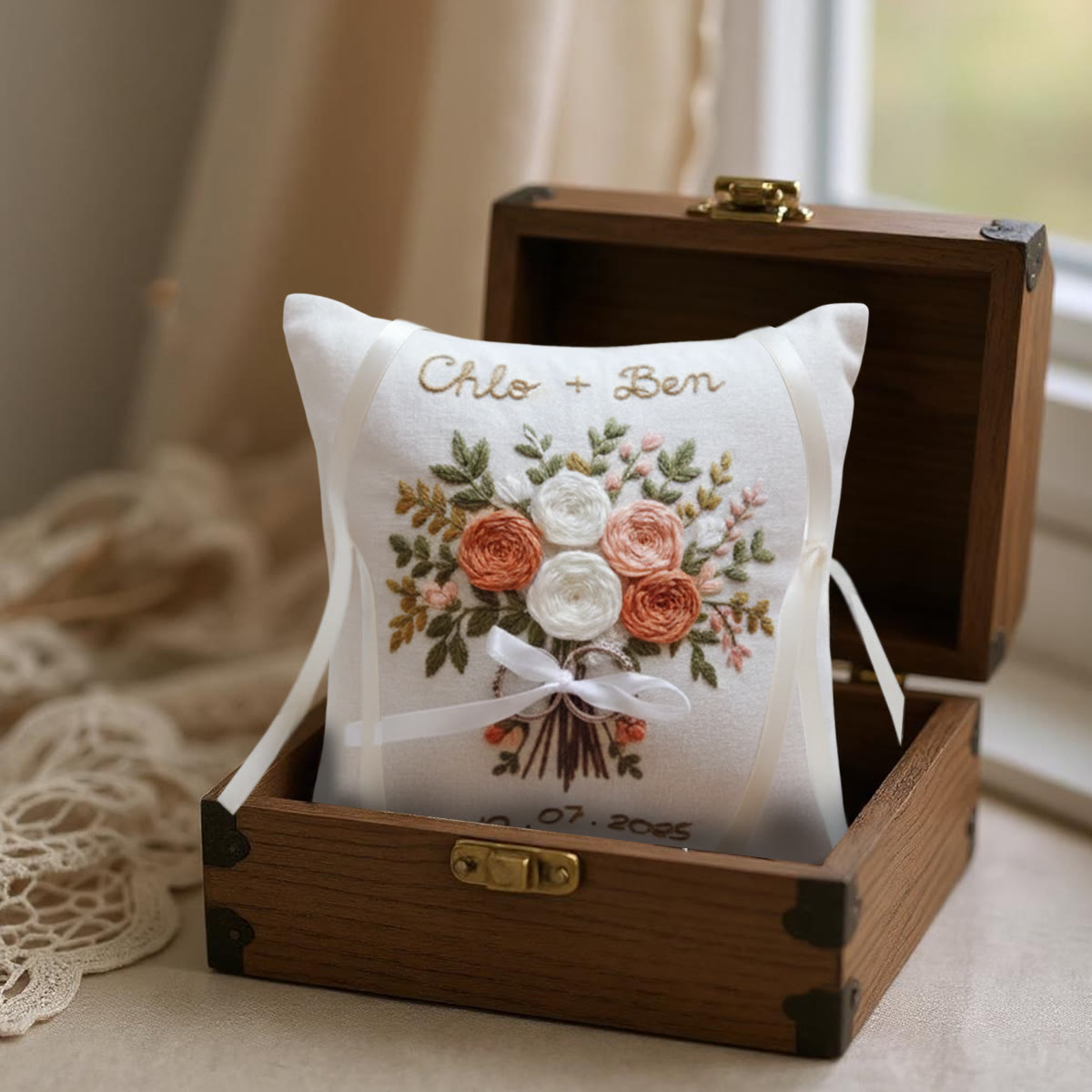 Rubbyoo Personalized Ring Bearer Pillow Embroidery Kit - White Peach Rose Bouquet | Wedding  Gift| Beginner-Friendly - image 3