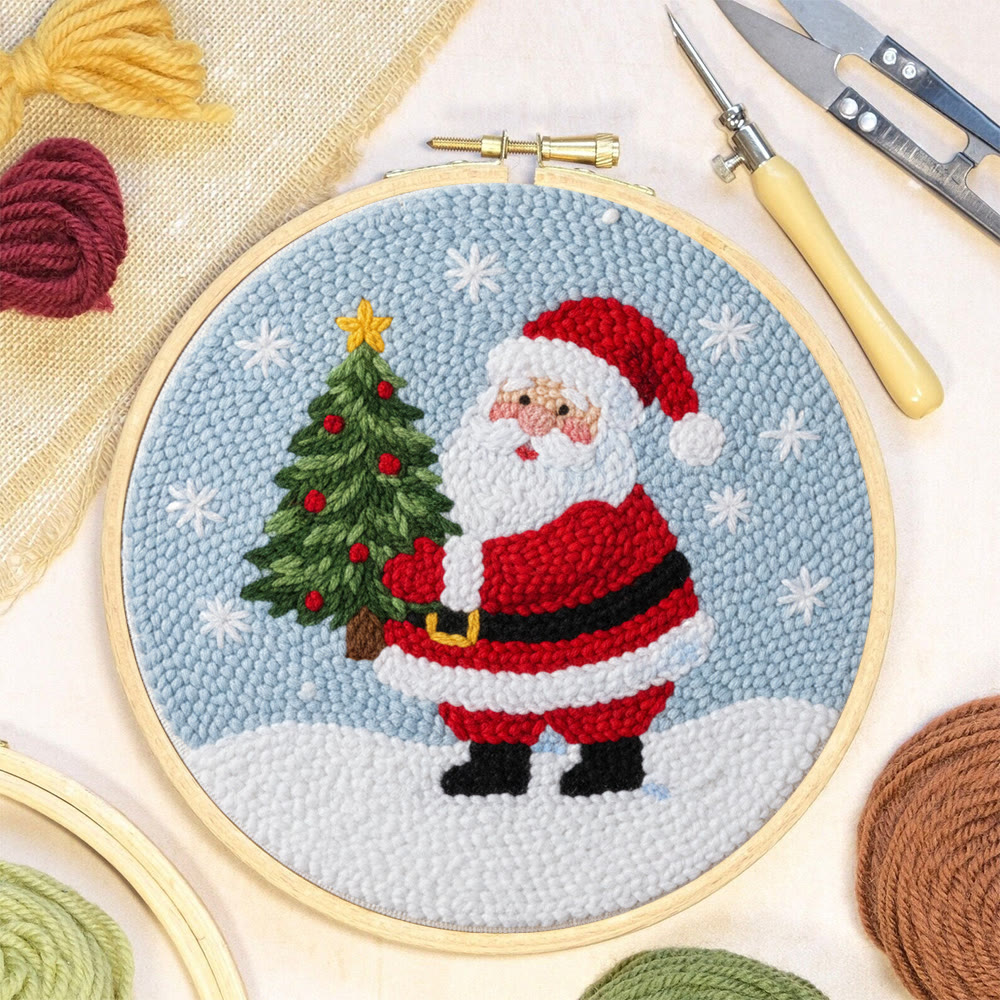 Snowy Santa With Christmas Tree Punch Needle Kit – Artisanal Gift | Cheerful Holiday Decor - image 9