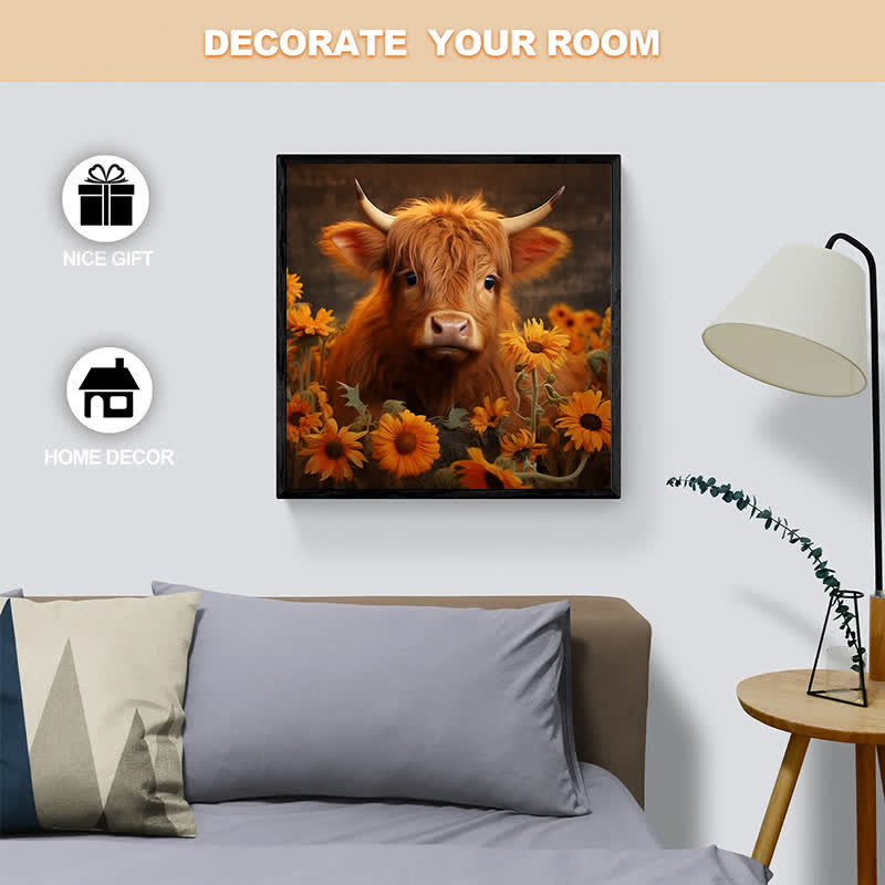 Rubbyoo Highland Cow With Sunflowers - Wooden Jigsaw Puzzle