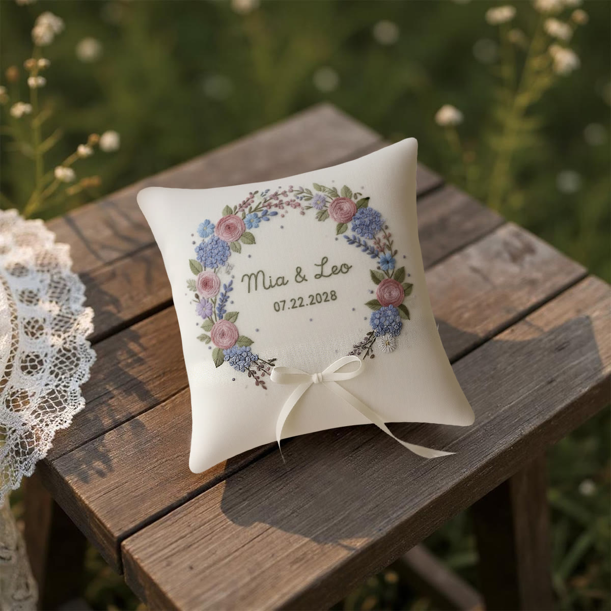 Rubbyoo Personalized Ring Bearer Pillow Embroidery Kit - Pink Rose Hydrangea Floral Wreath | Bespoke Handmade Work | Wedding Table Accents - image 7