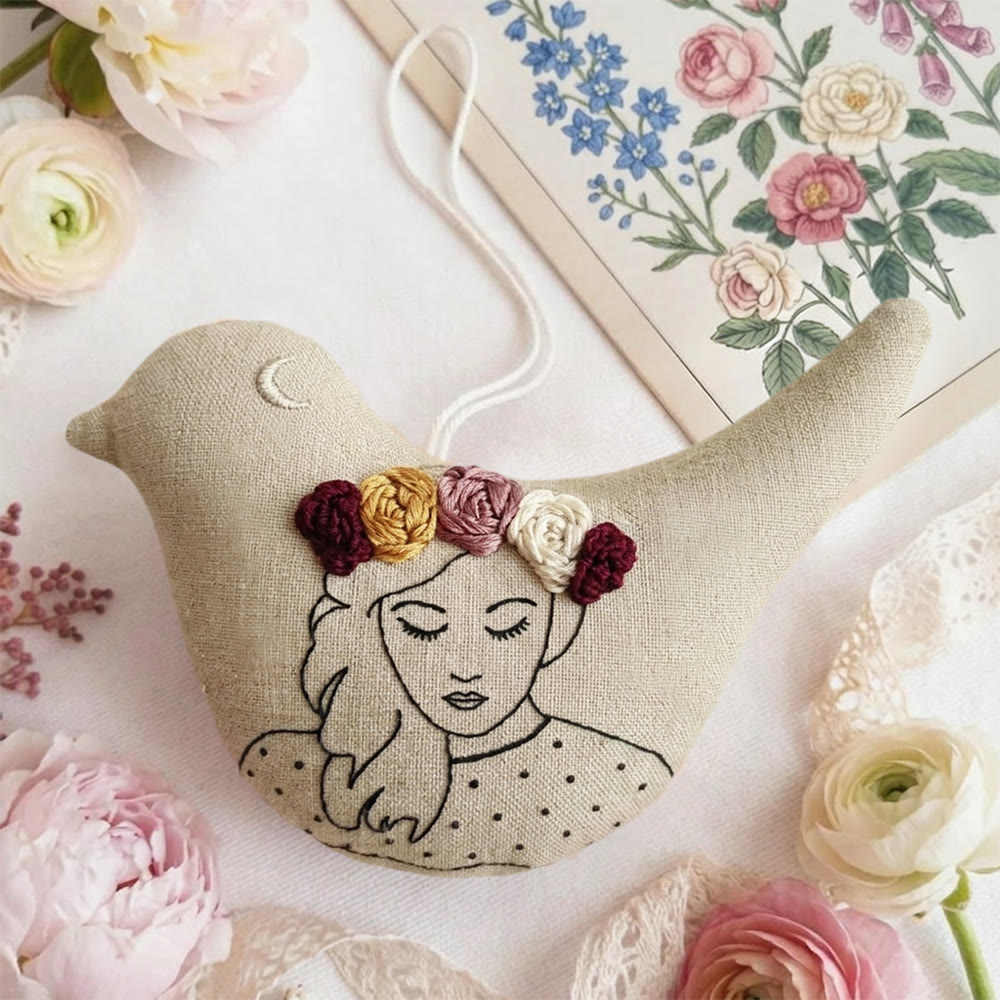 Rubbyoo Bird-shaped Embroidery Kit - Women With Flower | Soft Bird Toy | Unique Craft For Mom - image 3